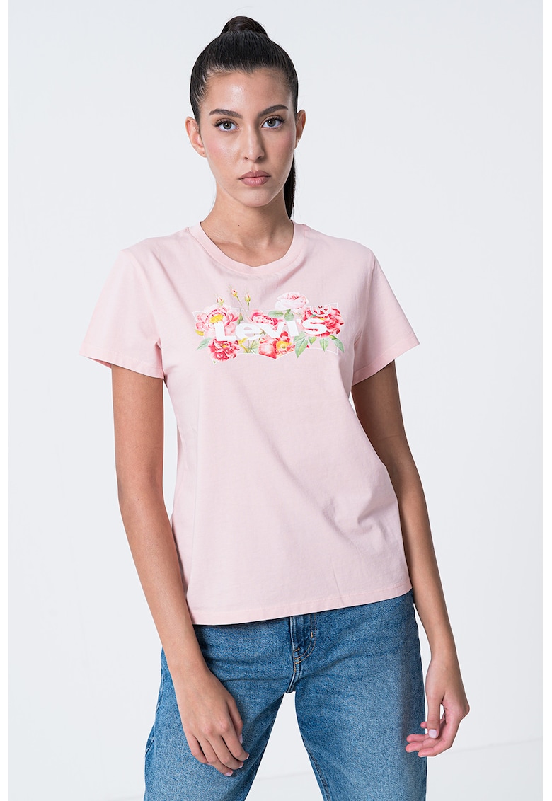 Tricou de bumbac cu decolteu la baza gatului - Roz pastel/Roz