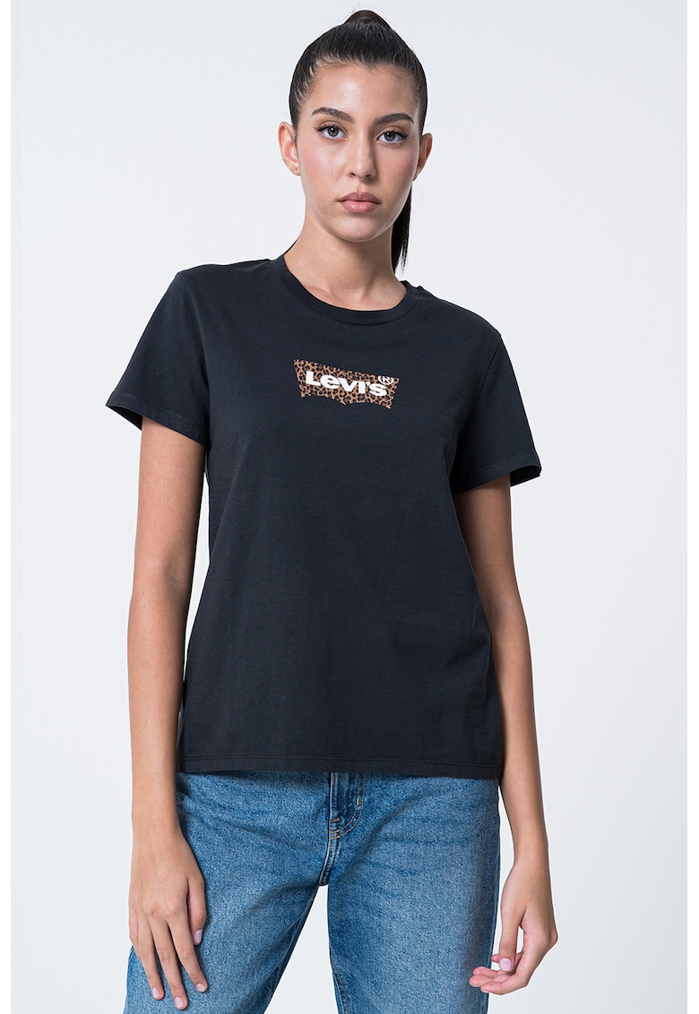 Tricou de bumbac cu decolteu la baza gatului - Maro inchis/Negru