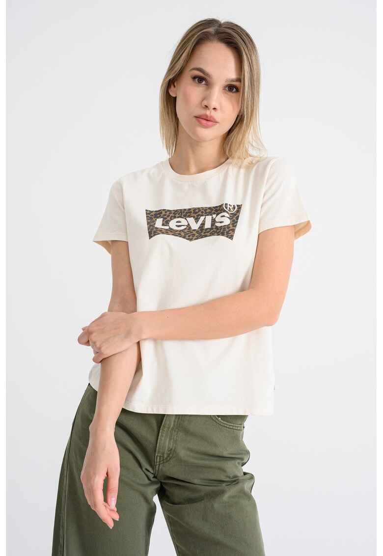 Tricou de bumbac cu decolteu la baza gatului - Bej deschis