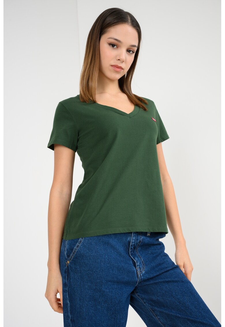 Tricou de bumbac cu decolteu in V - Verde inchis