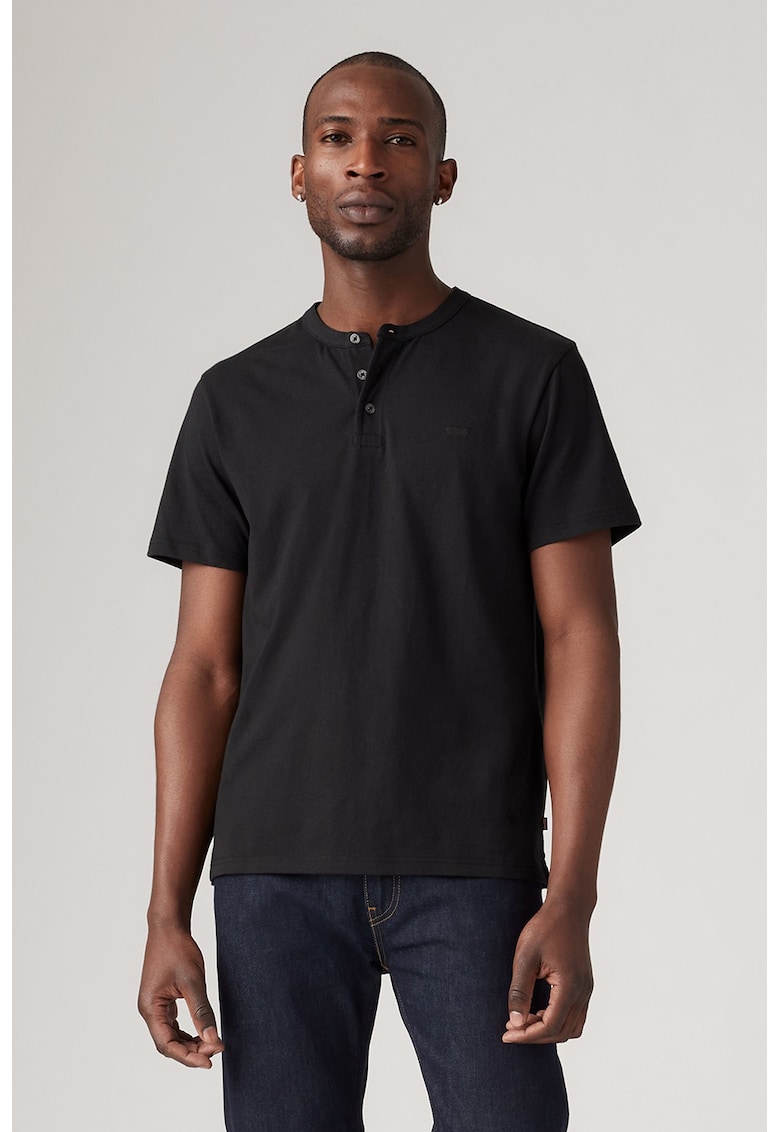 Tricou de bumbac cu fenta scurta cu nasturi - Negru