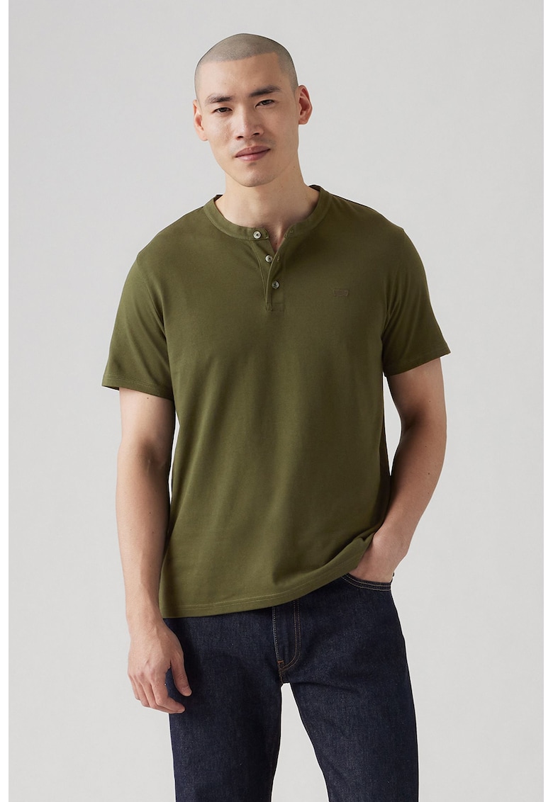 Tricou de bumbac cu fenta scurta cu nasturi - Kaki inchis
