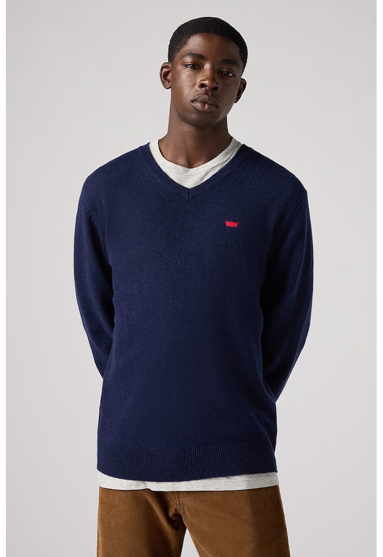 Pulover din amestec de lana cu decolteu in V - Rosu/Bleumarin