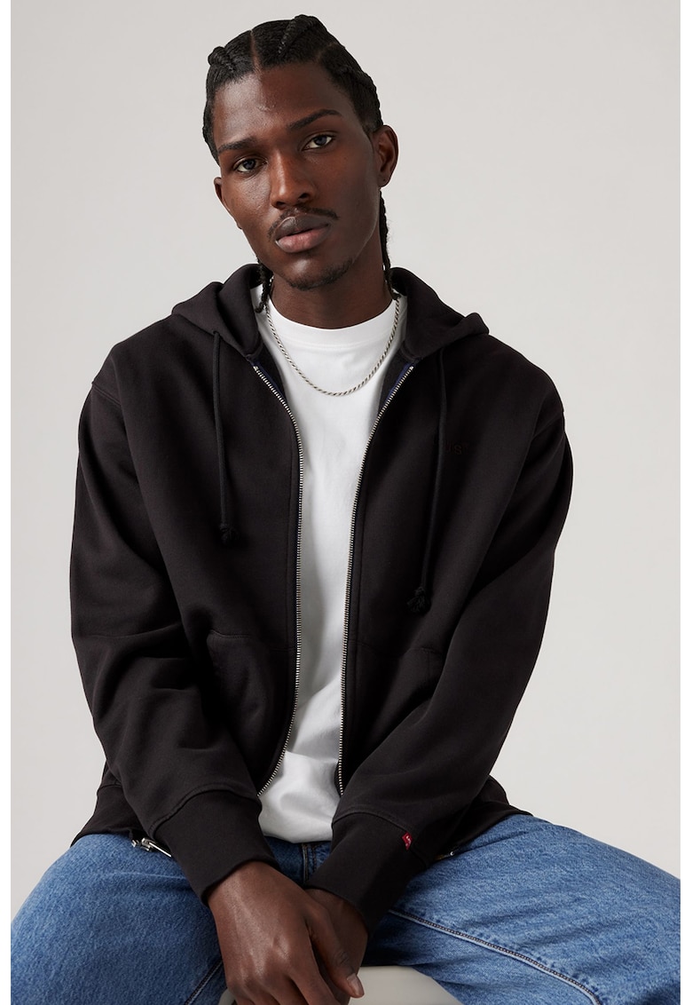 Hanorac cu fermoar si maneci cazute - Negru