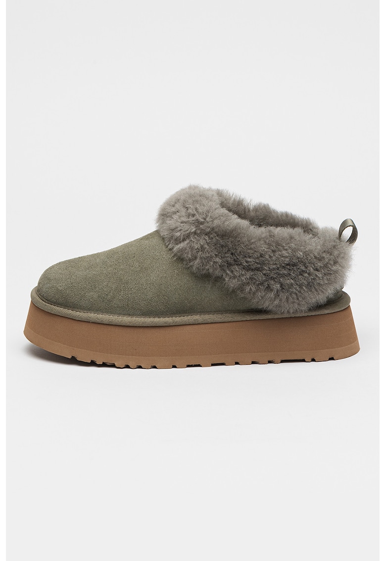 Ghete de piele intoarsa fara inchidere cu blana - Verde pal