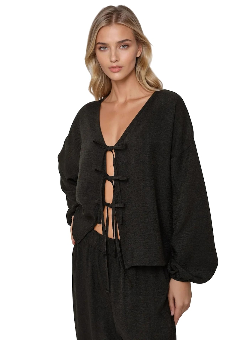 Bluza dama Relaxed Fit - decolteu in V - maneci lungi - albastra - poliester