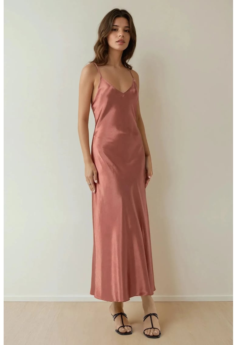 Rochie maxi - decolteu in V - design elegant - roz - satin