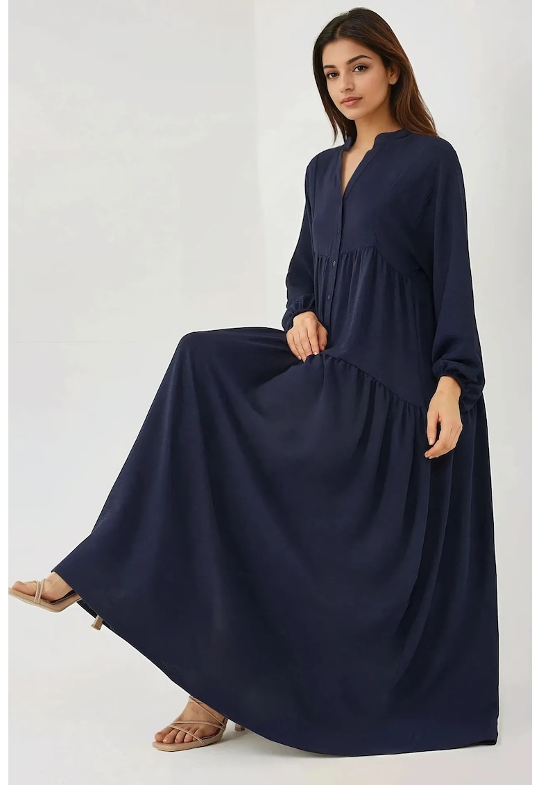 Rochie maxi - texturata - decolteu in V - textil - Albastru - Albastru marin