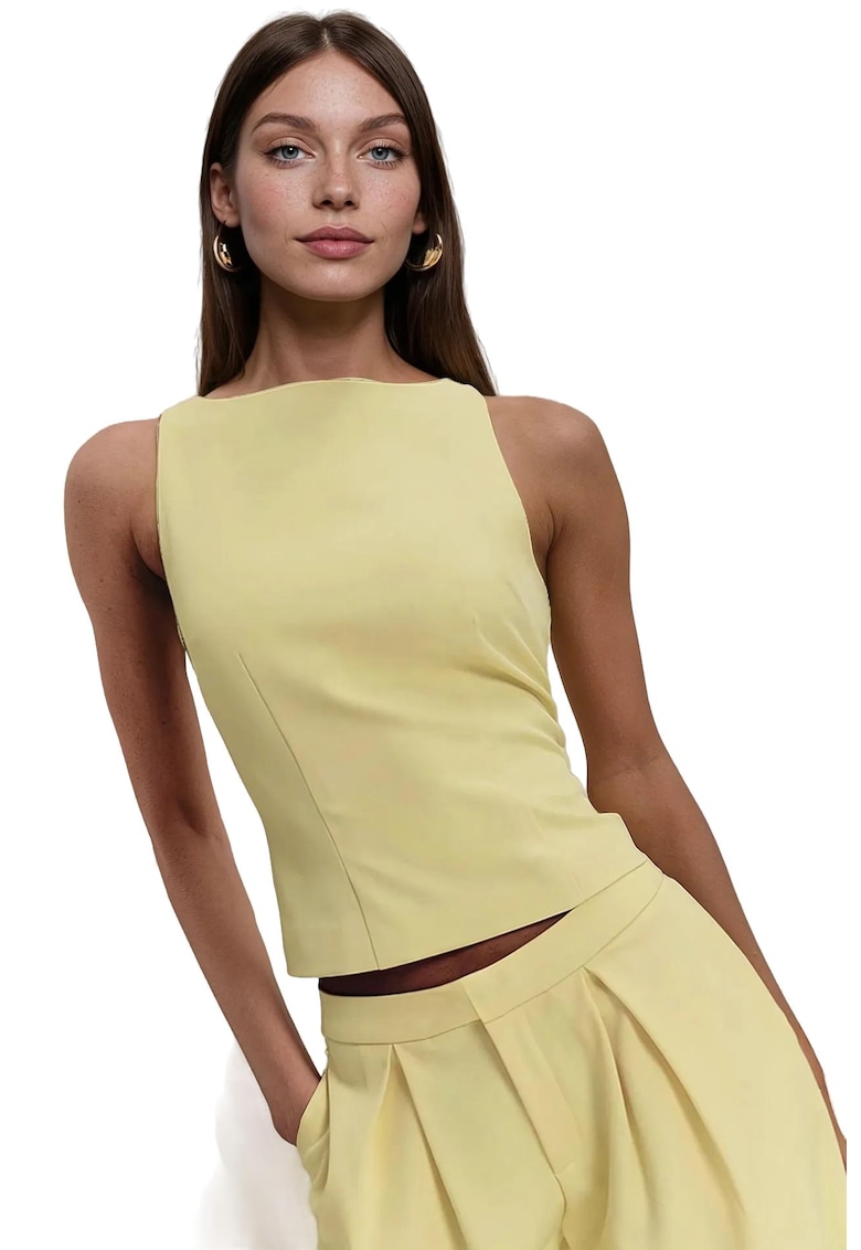 Top fara maneci - guler rotund - galben - textil