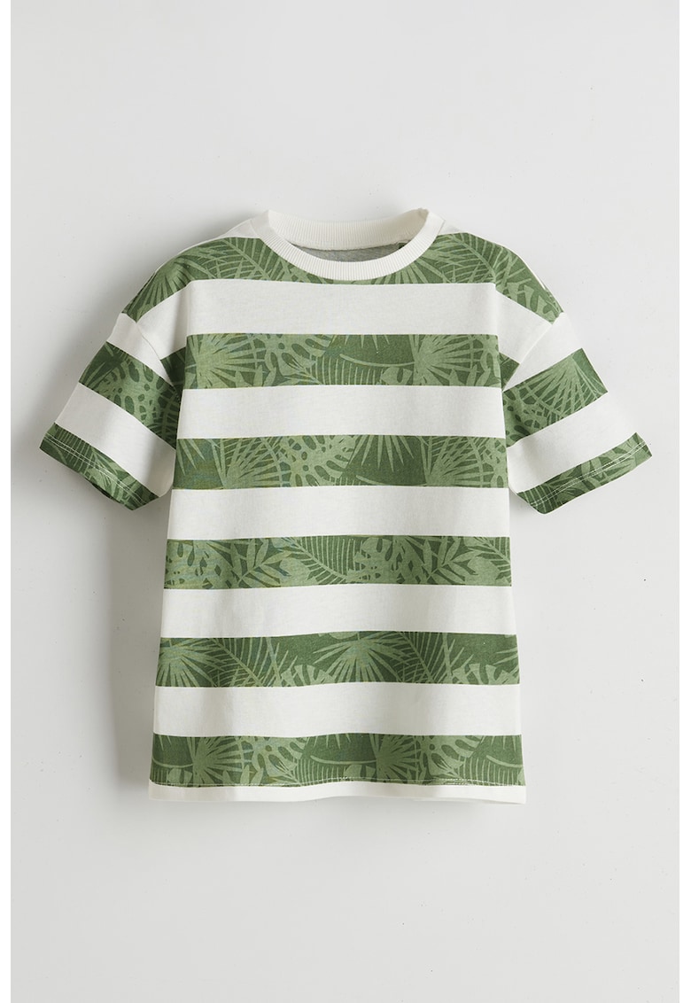 Tricou din bumbac cu model tropical si dungi Tricou din bumbac cu model tropical si dungi
