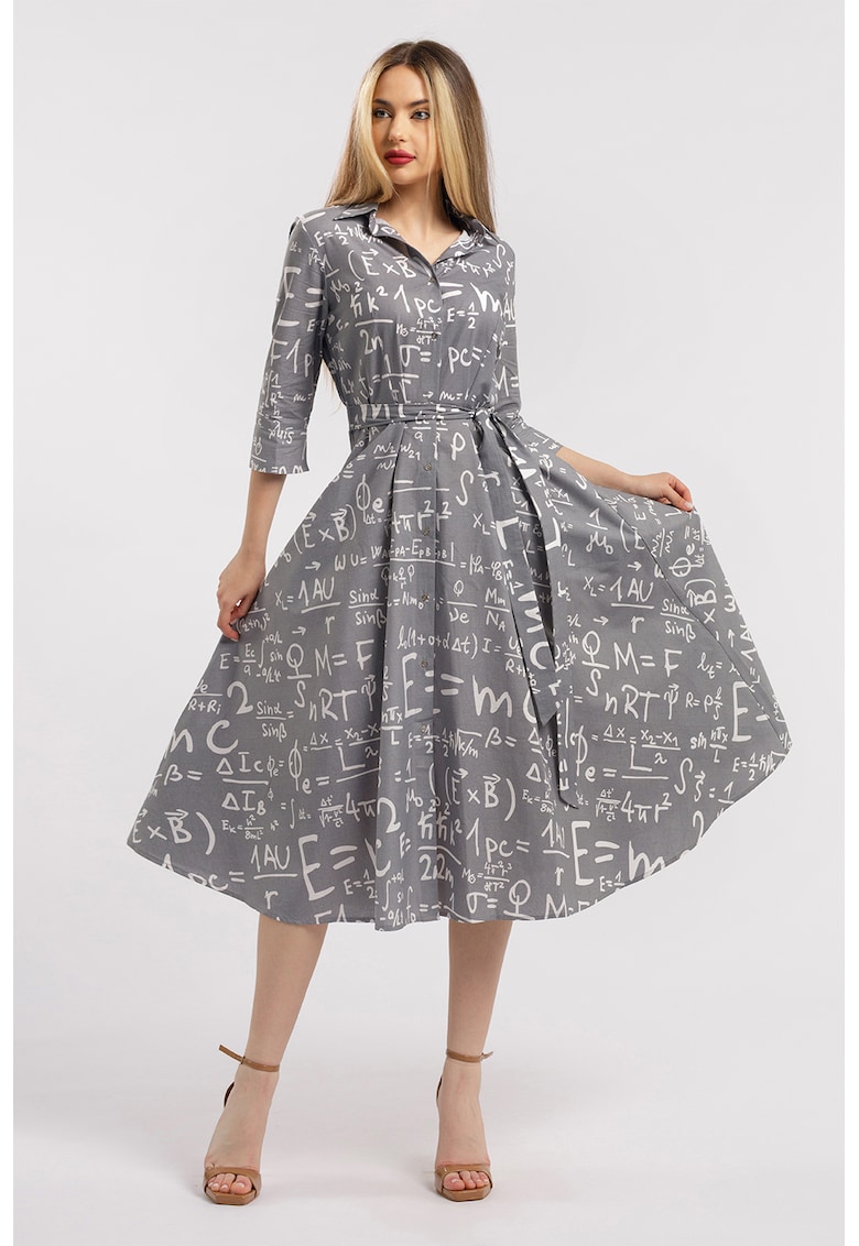 Rochie-camasa evazata cu cordon in talie - Alb/Gri inchis