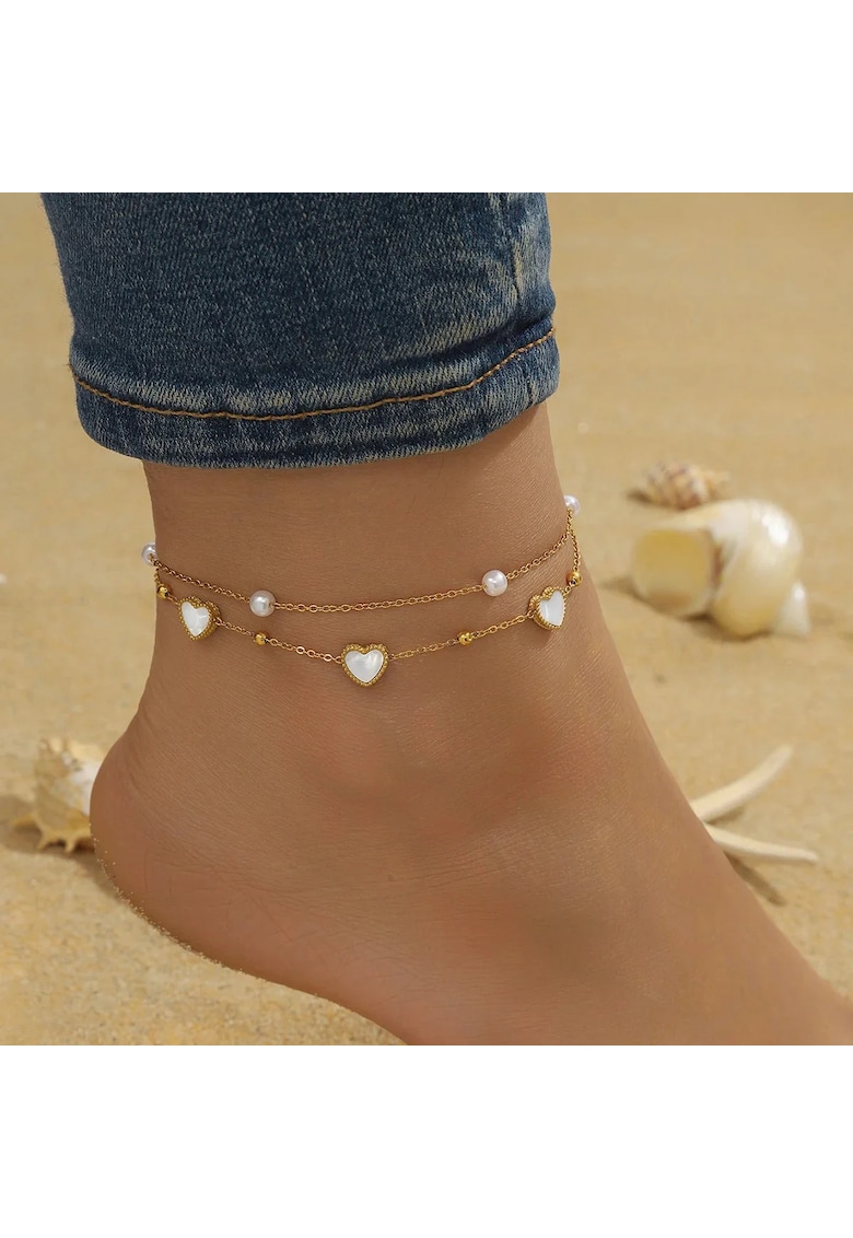Bratara de picior - aurie - din otel inoxidabil - suflata cu aur 18k - cu inimioare si perlute - Abisai C4