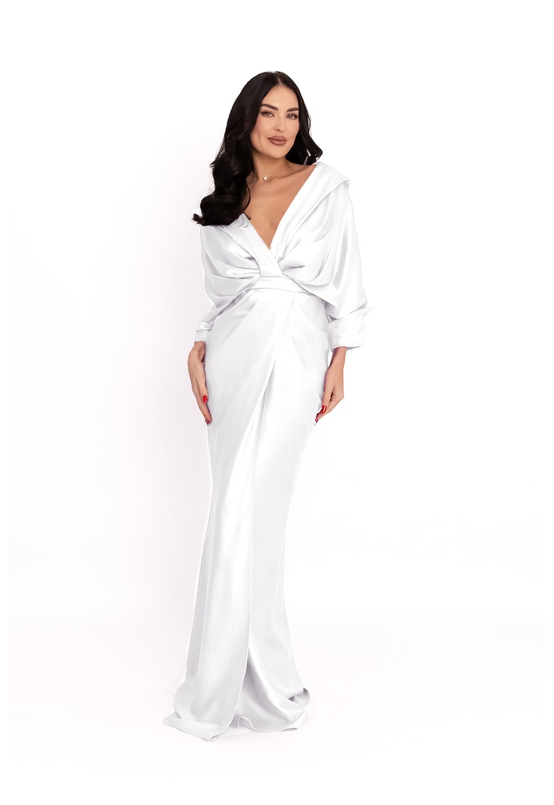 Rochie cu design drapat si slit frontal - Alb optic