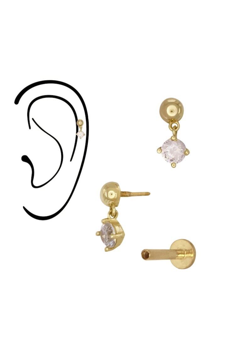 Piercing din Aur 14K - model Bila Semisfera 3mm cu Charm Mobil CZ - Labret - Prindere Filet - Spate Plat