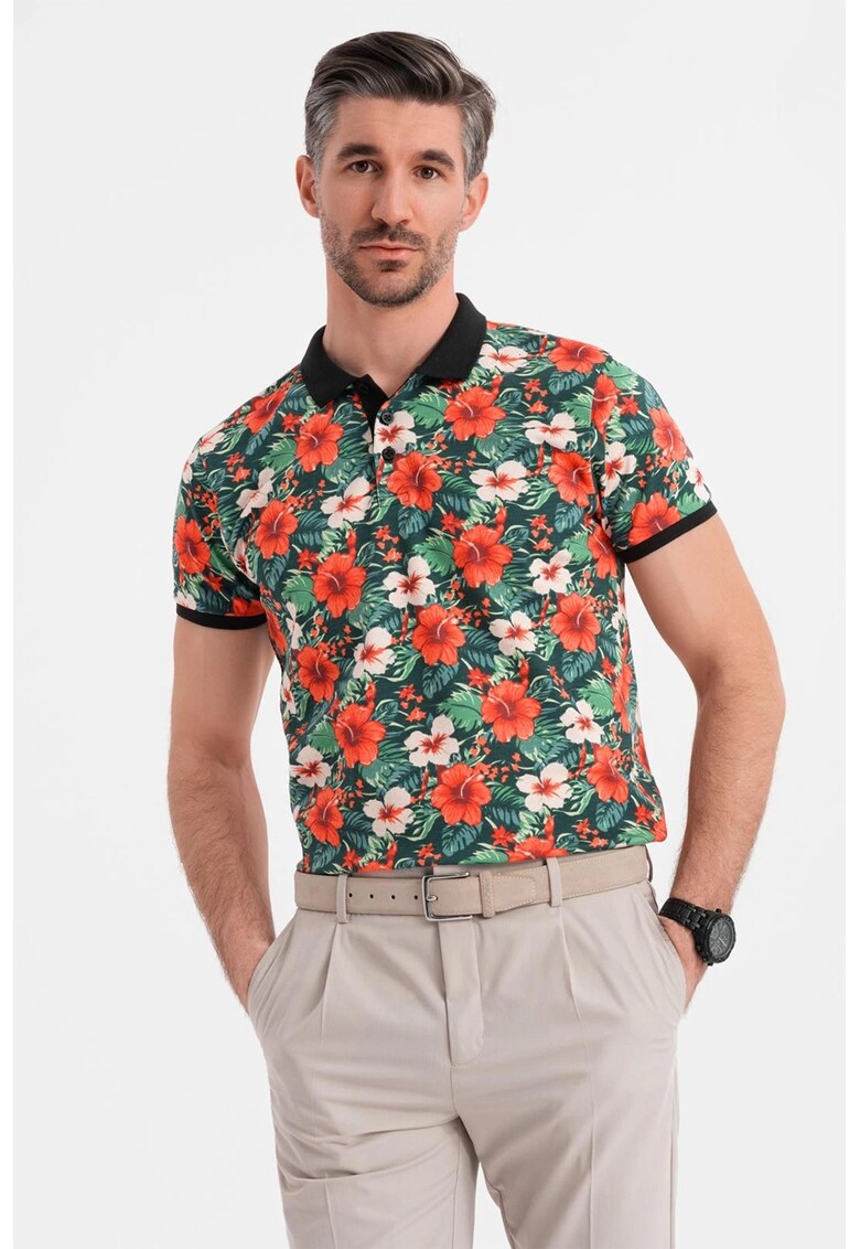 Tricou polo cu model floral - Verde/Negru/Portocaliu mandarina