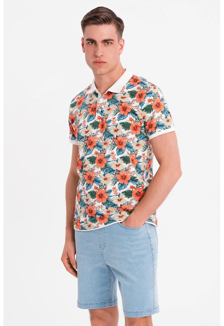 Tricou polo cu model floral - Alb/Portocaliu/Albastru