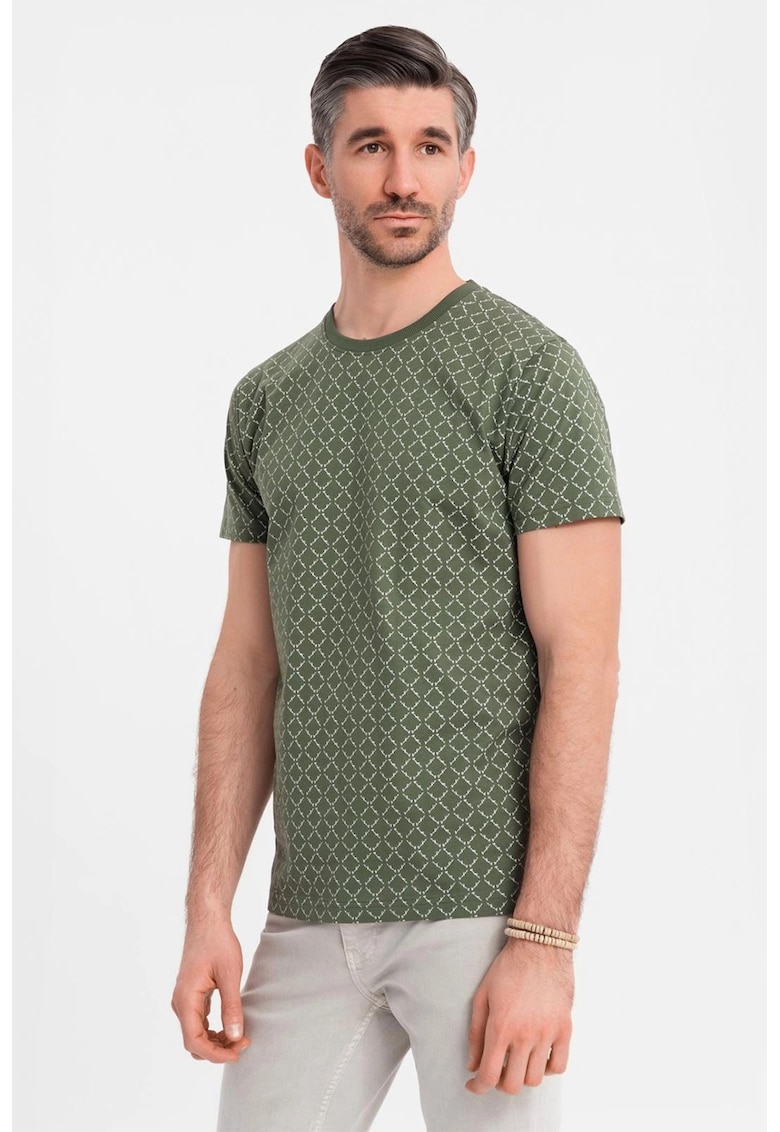 Tricou cu decolteu la baza gatului si model geometric - Verde inchis/Alb murdar