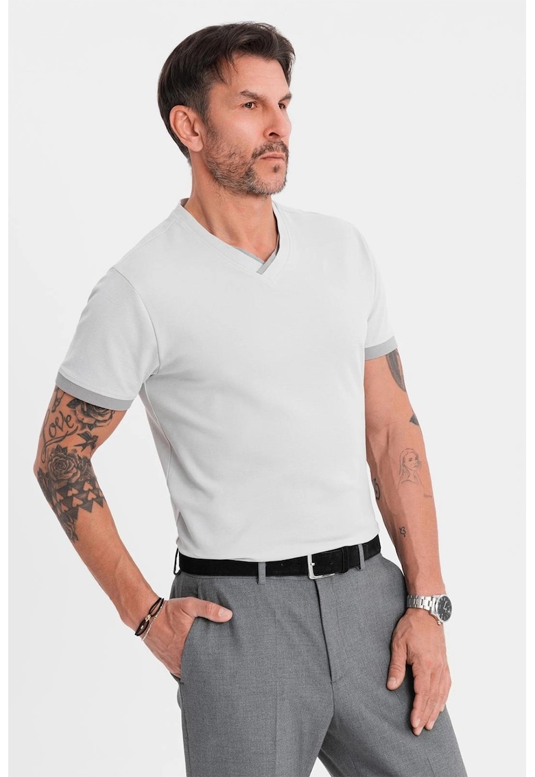 Tricou din bumbac cu decolteu in V - Gri deschis