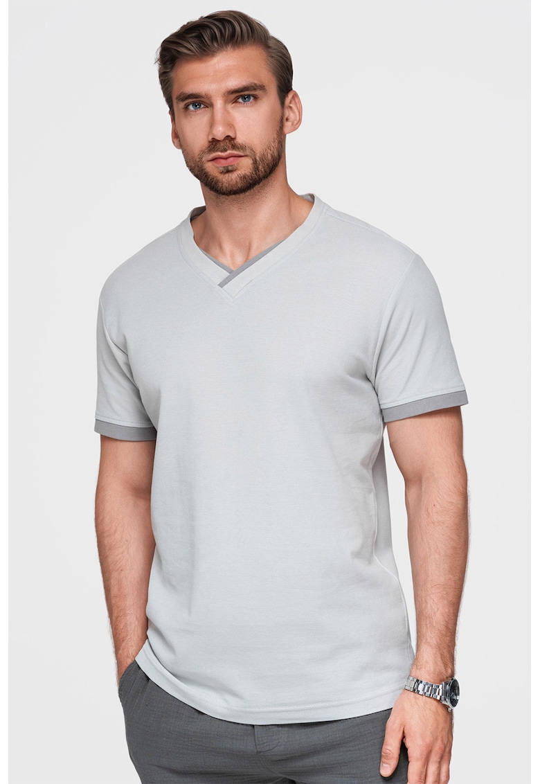 Tricou din bumbac cu decolteu in V - Gri deschis