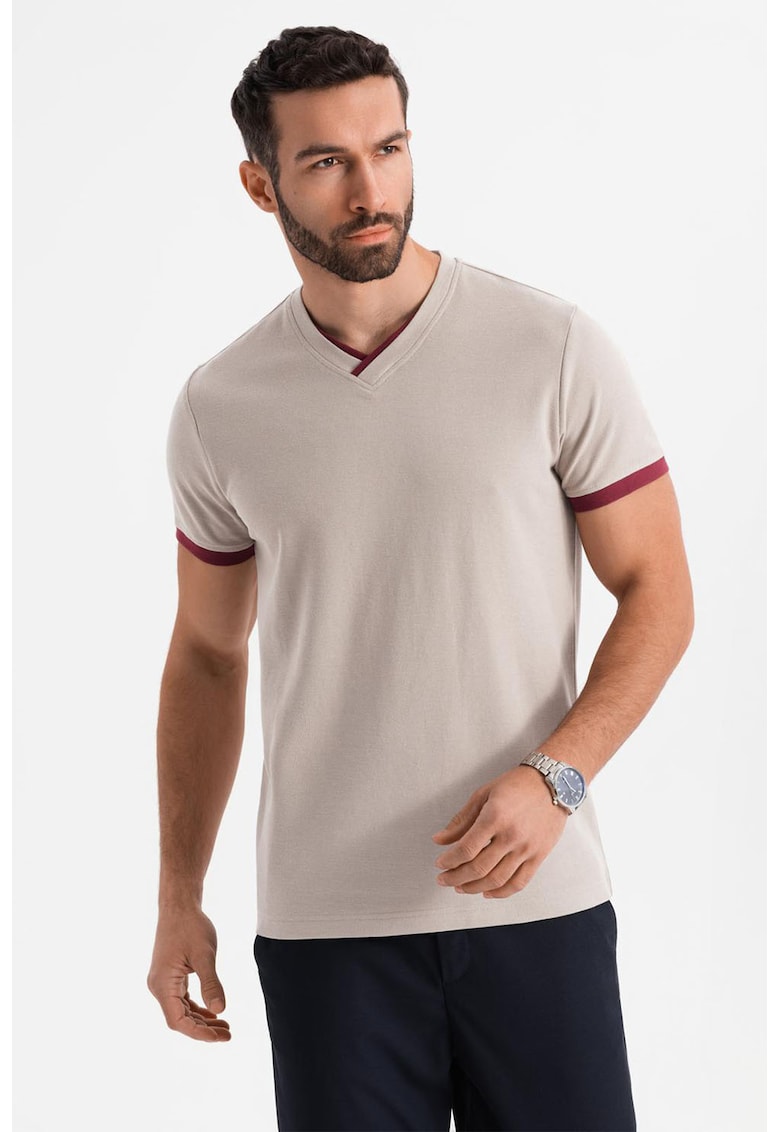 Ombre Tricou din bumbac cu decolteu in V - Maro taupe deschis