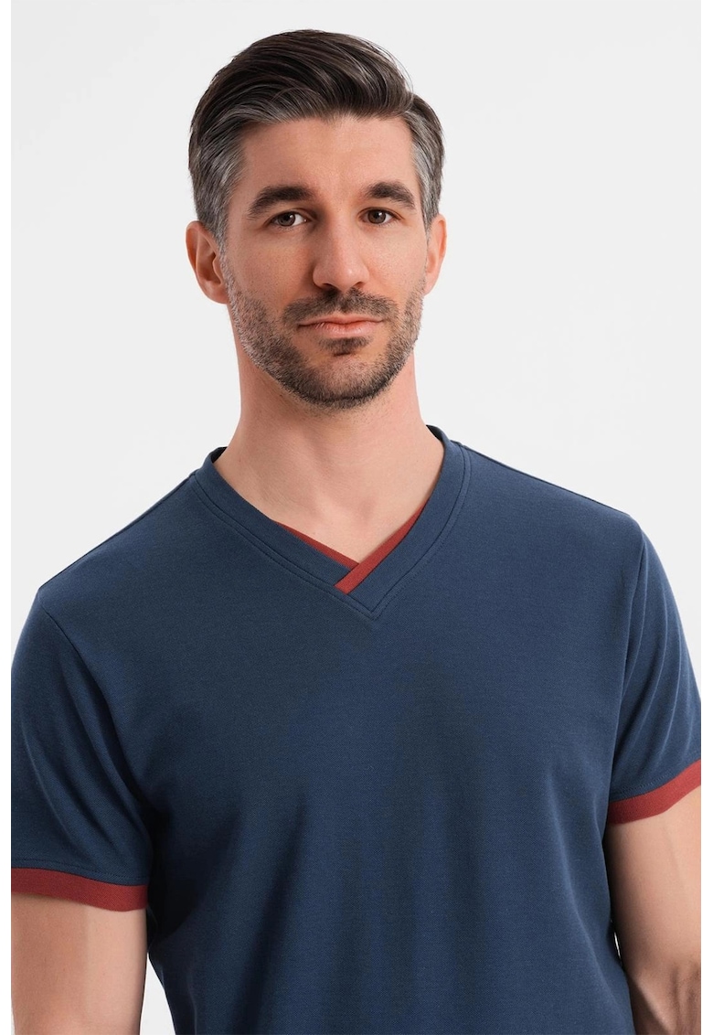 Tricou din bumbac cu decolteu in V - Bleumarin