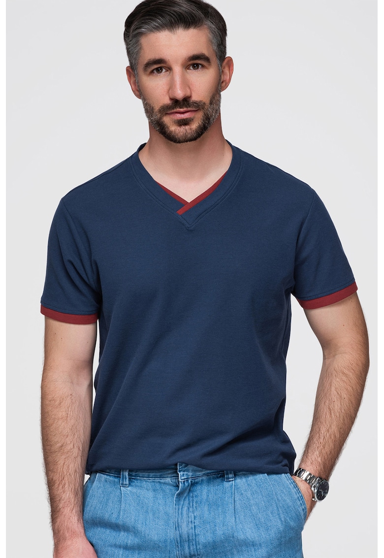 Ombre Tricou din bumbac cu decolteu in V - Bleumarin