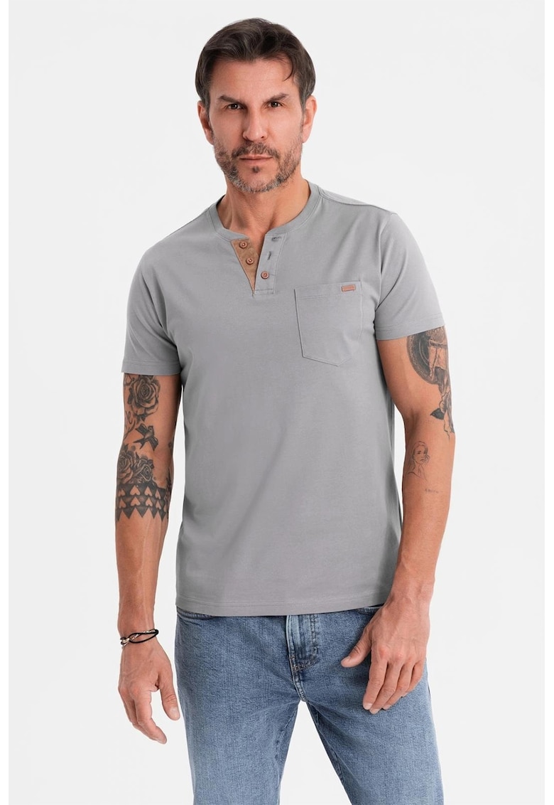 Tricou din bumbac cu fenta cu nasturi - Gri inchis