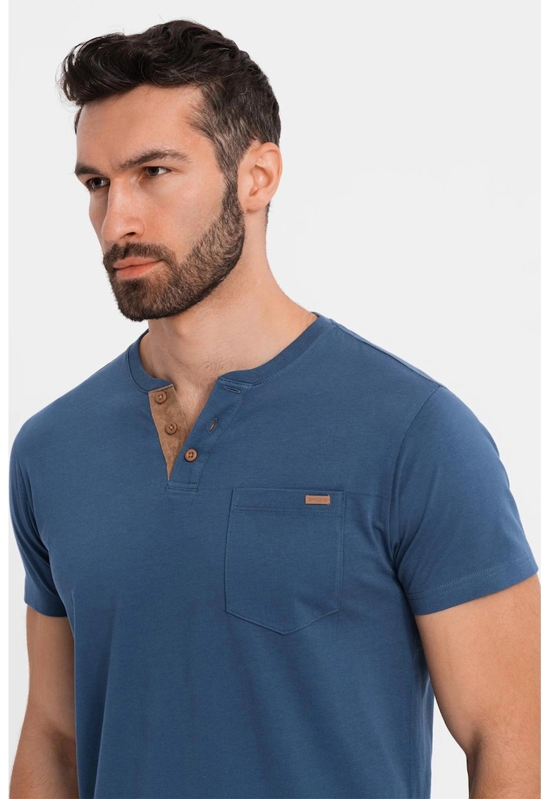 Tricou din bumbac cu fenta cu nasturi - Albastru inchis