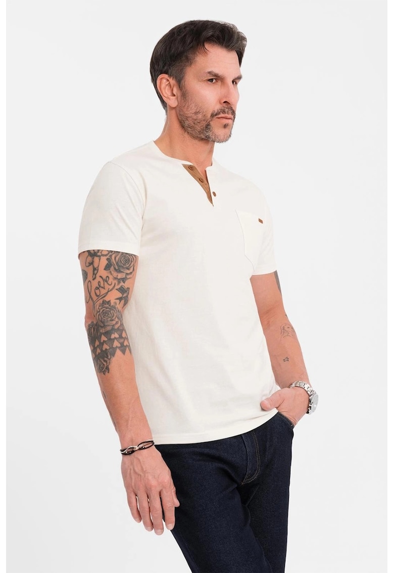 Tricou din bumbac cu fenta cu nasturi - Alb fildes