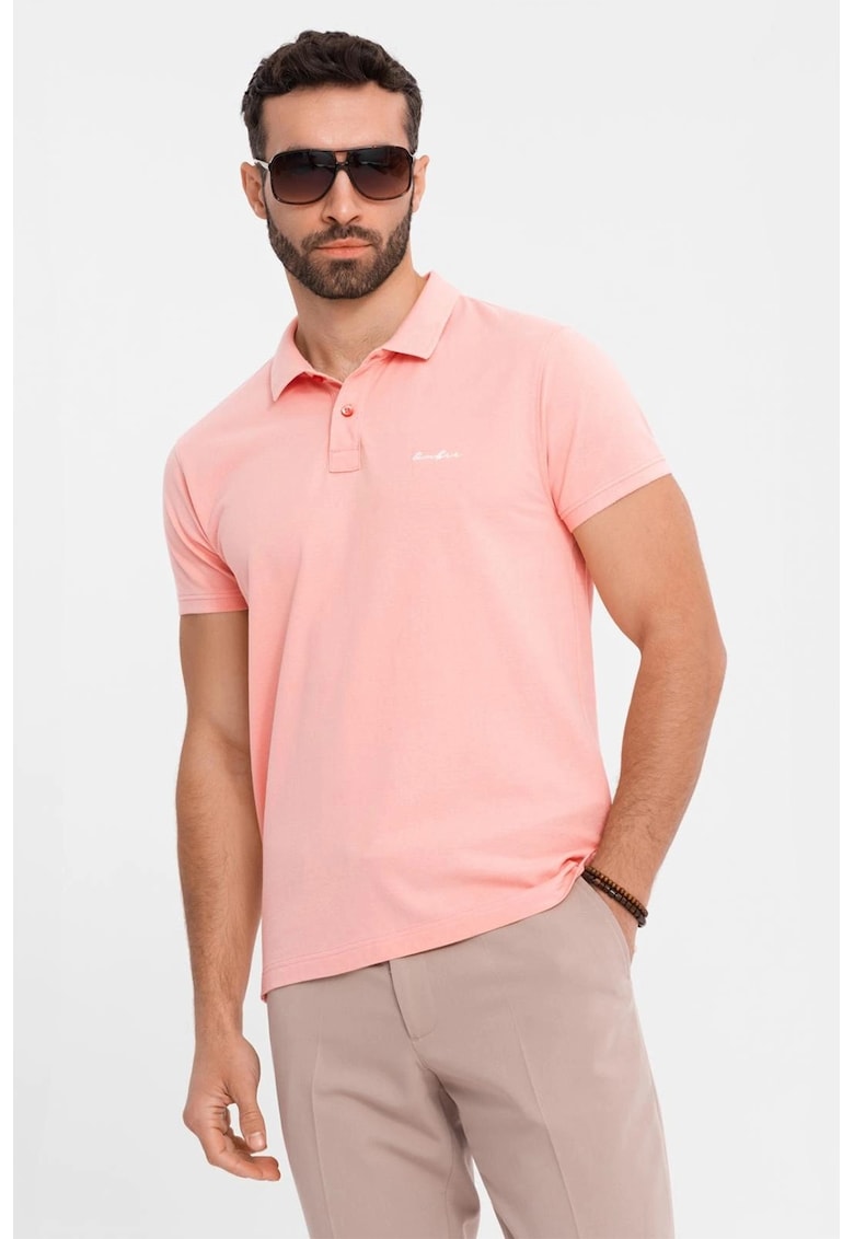 Tricou regular fit de bumbac cu guler polo - Roz pal