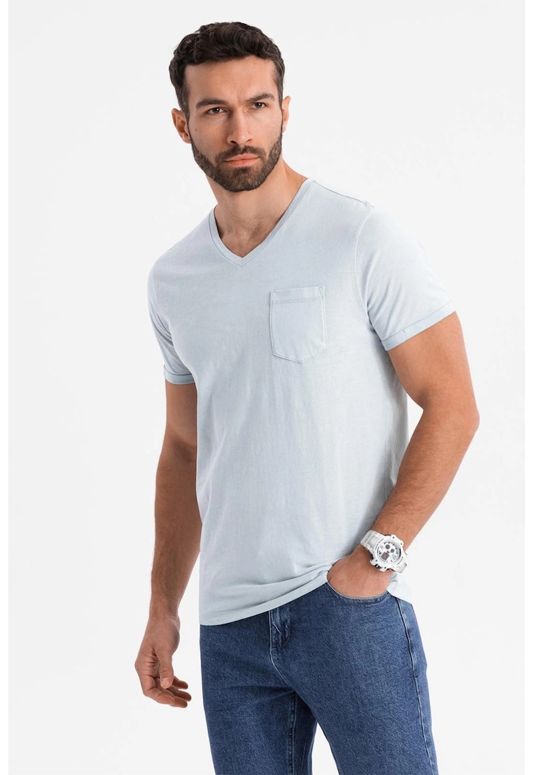Tricou uni cu decolteu in V - Albastru glaciar