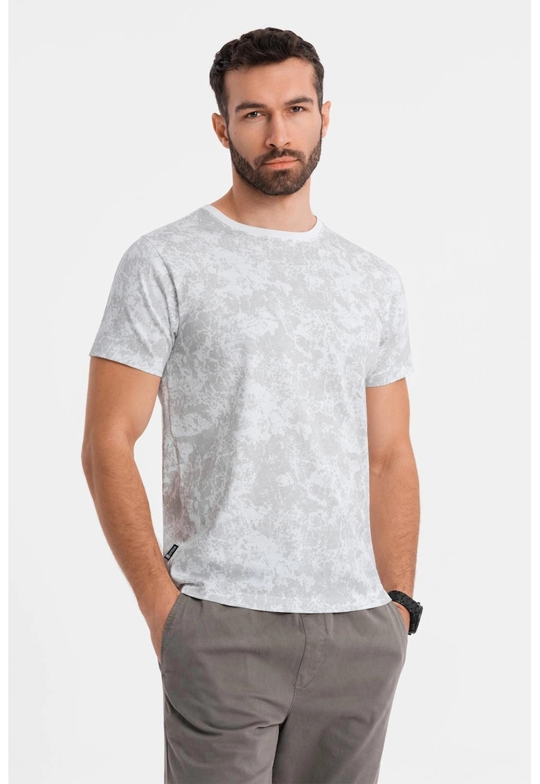 Tricou cu decolteu la baza gatului si model tie-dye - Alb/Gri deschis