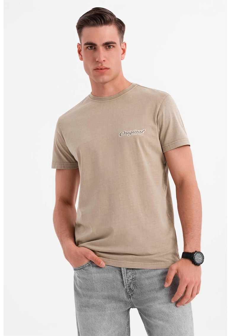 Tricou cu decolteu la baza gatului si imprimeu pe spate - Bej inchis