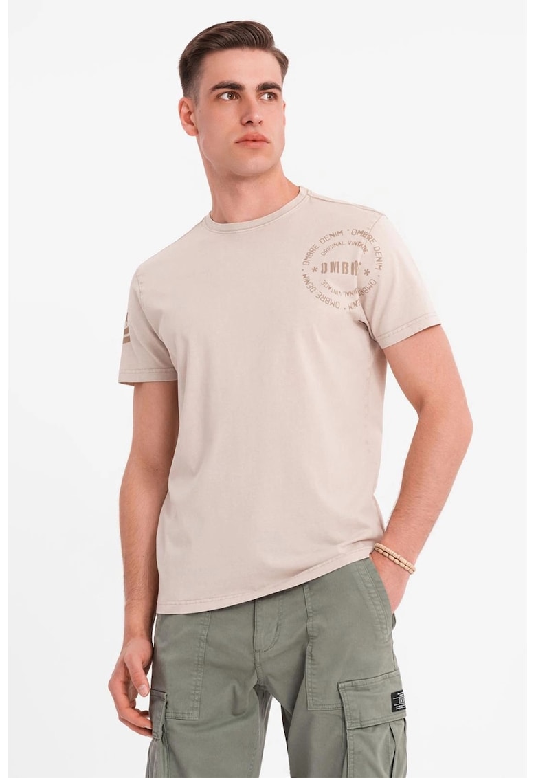 Tricou de bumbac cu decolteu la baza gatului - Bej