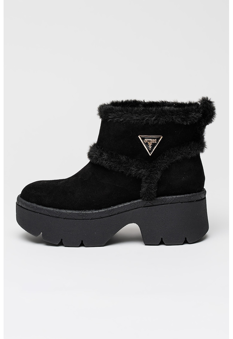 Ghete demiwedge slip-on de piele intoarsa ecologica cu garnituri de blana sintetica