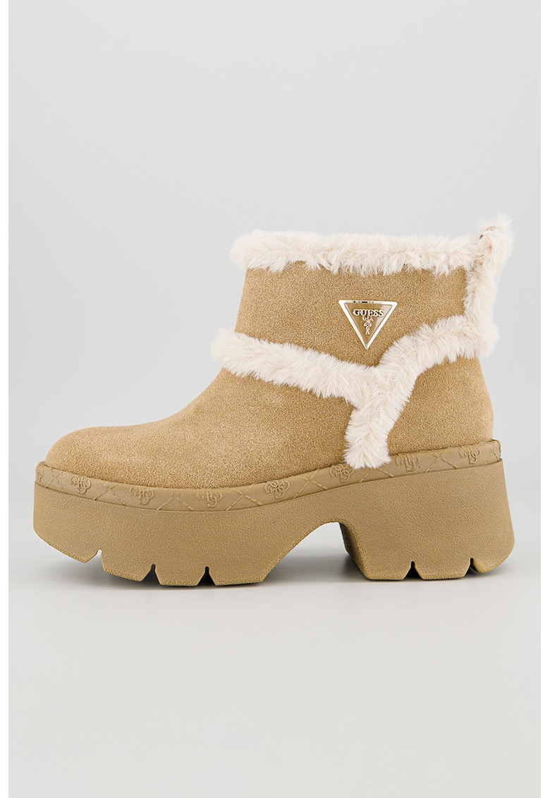 Ghete demiwedge slip-on de piele intoarsa ecologica cu garnituri de blana sintetica