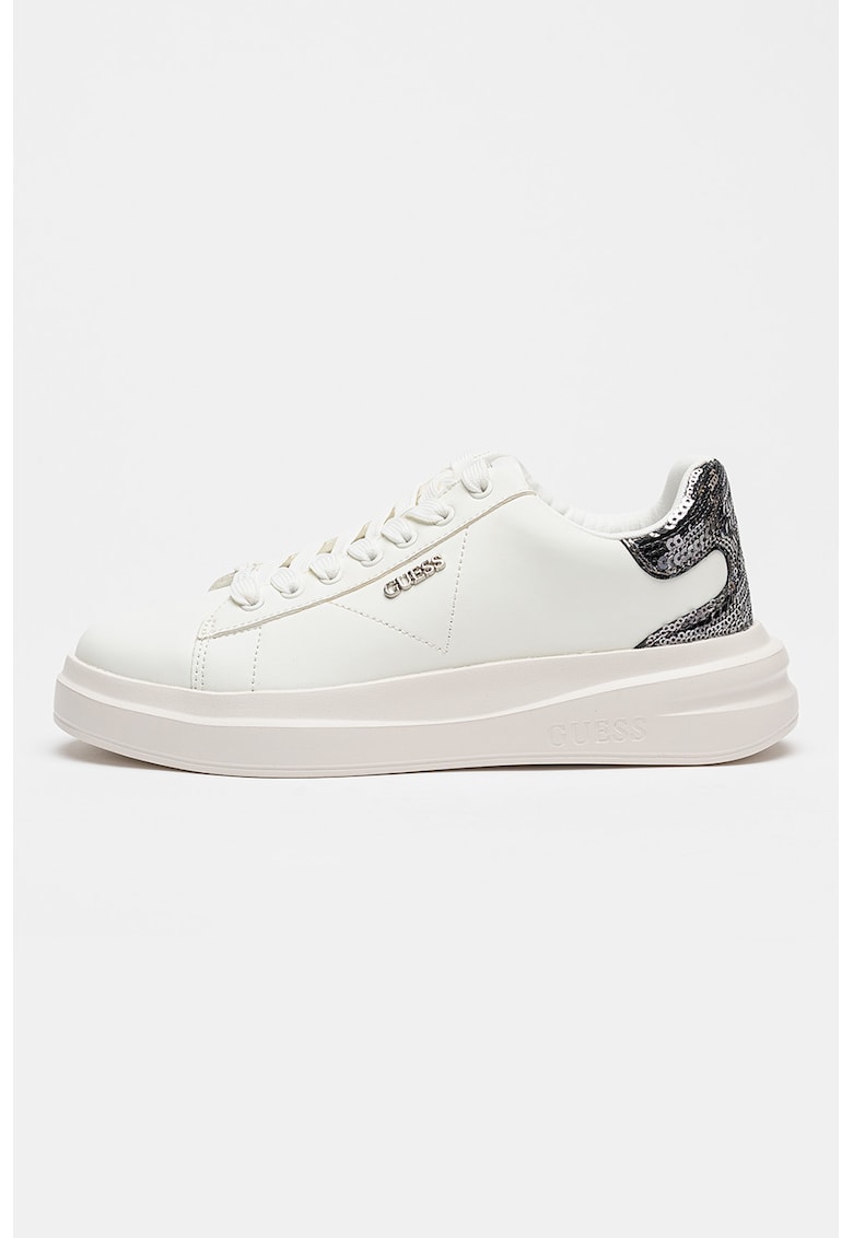 Pantofi sport din piele cu aplicatie cu paiete - Alb/Argintiu inchis
