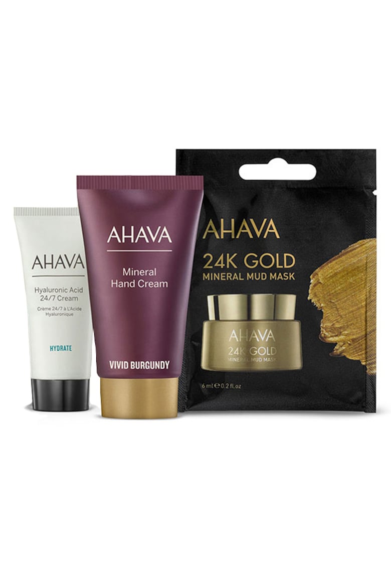 Set : Crema maini Ahava Mineral Vivid Burgundy - 40 ml + Crema de fata hidratanta Hyaluronic Acid 24/7 - 20 ml + Masca de fata Ahava 24 k Gold - 6 ml