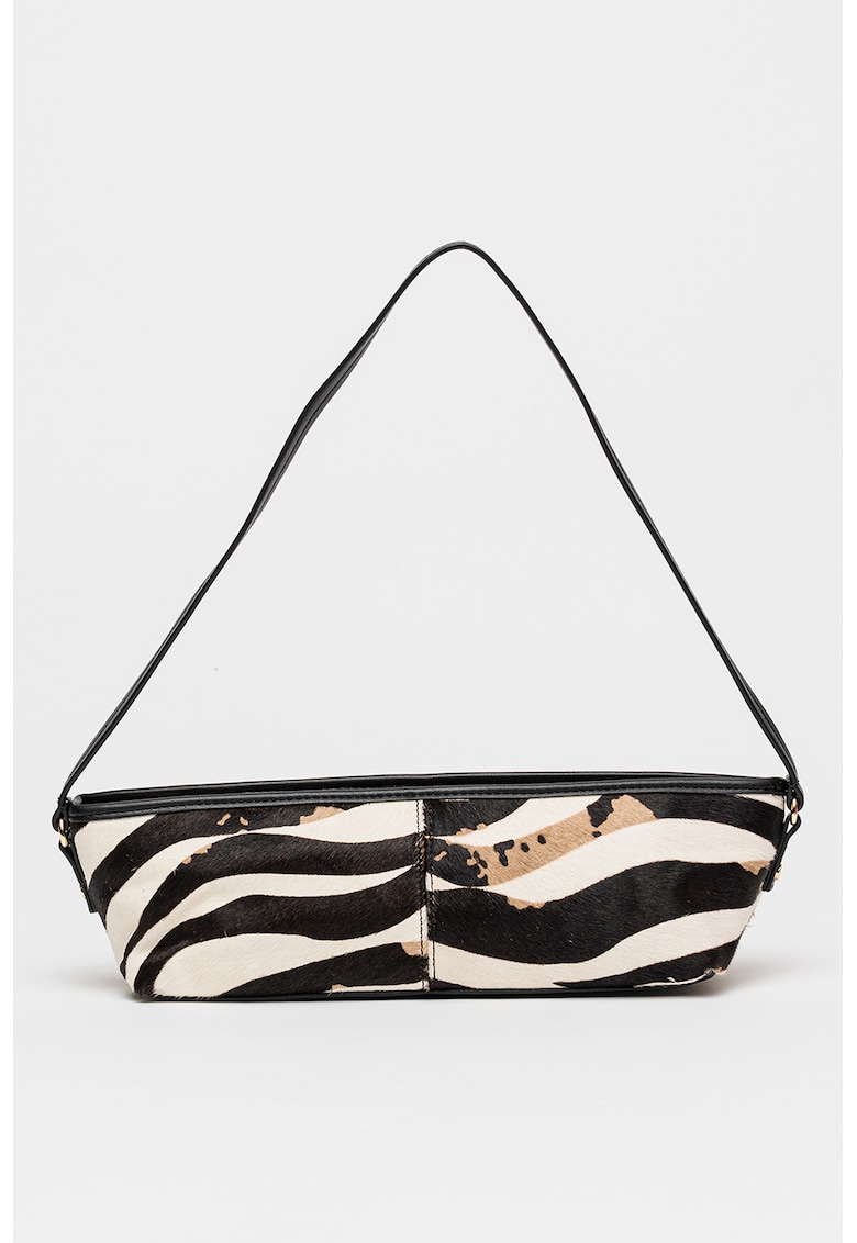 Geanta de piele cu par scurt - cu bareta de umar Savaii - Maro inchis/Maro deschis/Alb murdar