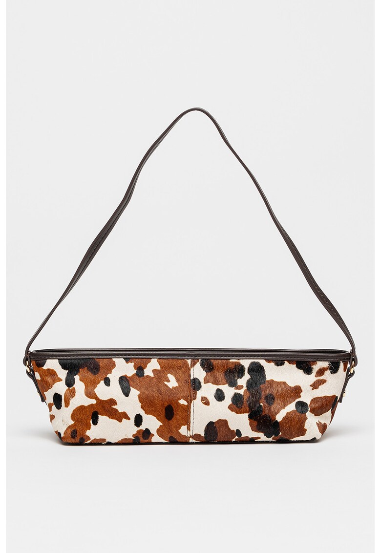 Geanta de piele cu par scurt - cu bareta de umar Savaii - Negru stins/Maro deschis/Alb murdar