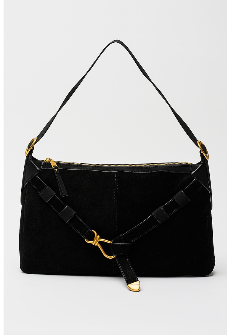 Geanta de piele intoarsa cu bareta de decorativa Klarity