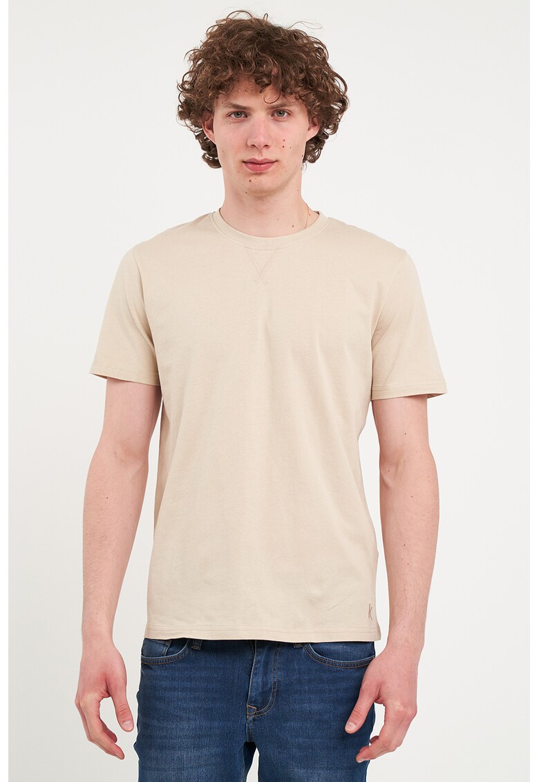 Tricou de bumbac cu decolteu la baza gatului - Bej deschis