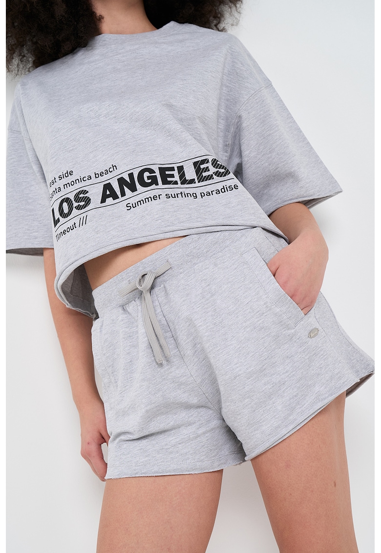 Pantaloni scurti din amestec de bumbac cu snururi - Gri deschis