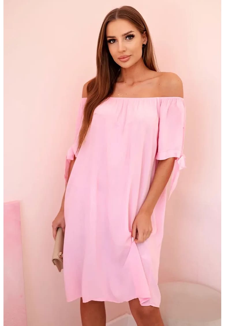 Rochie din viscoza cu decolteu pe umeri si funde -