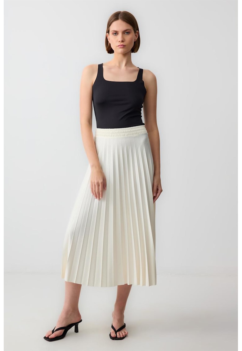 Fusta midi cu pliuriri si talie elastica