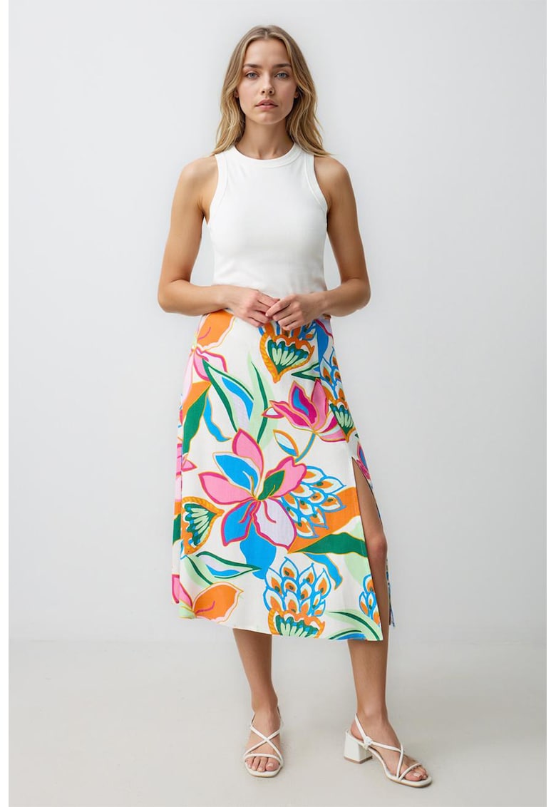 Fusta midi din amestec de in cu model floral si slit lateral