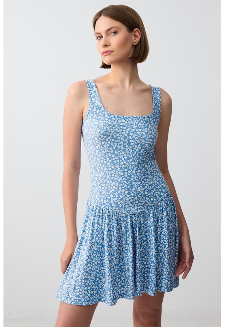 Rochie midi cu model floral si decolteu patrat