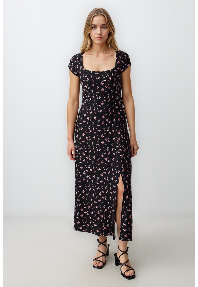 Rochie midi cu model floral si slit frontal