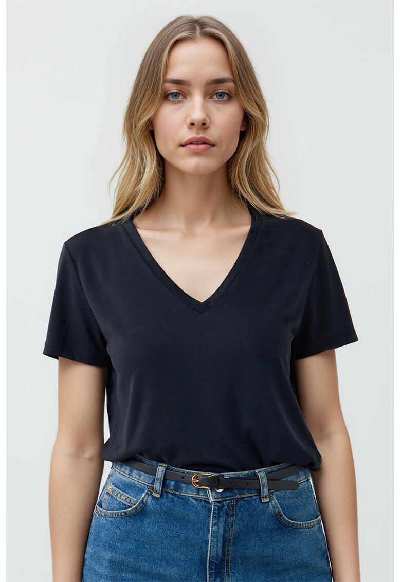 Tricou din amestec de modal cu decolteu in V - Negru
