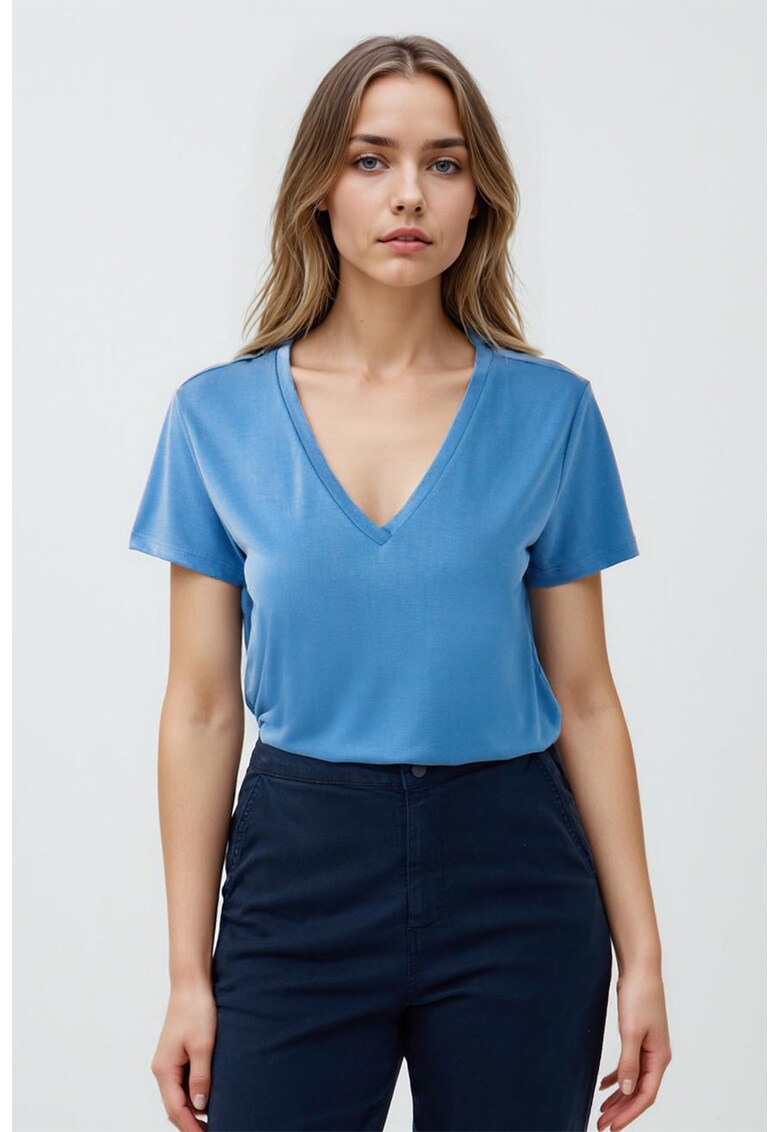 Tricou din amestec de modal cu decolteu in V - Albastru azur